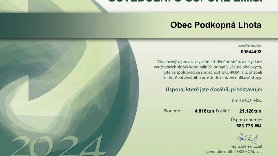 Osvědčení o úspoře emisí za rok 2024